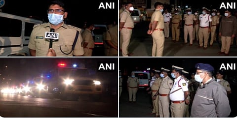 ಕರ್ಫ್ಯೂ ಕರ್ತವ್ಯದಲ್ಲಿ ತೊಡಗಿರುವ ಪೊಲೀಸರ ಚಿತ್ರ