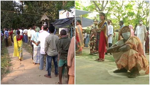 ಪಶ್ಚಿಮ ಬಂಗಾಳದ 35 ಕ್ಷೇತ್ರಗಳಲ್ಲಿ ಇಂದು ಬೆಳಗ್ಗೆ ಆರಂಭಗೊಂಡ ಮತದಾನಕ್ಕೆ ಮತಗಟ್ಟೆ ಮುಂದೆ ಸಾಲಿನಲ್ಲಿ ನಿಂತ ಜನರು
