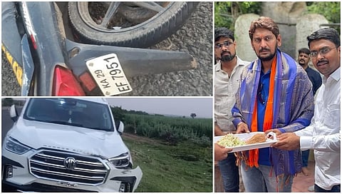 ಅಪಘಾತಕ್ಕೀಡಾದ ಬೈಕ್ ಮತ್ತು ಕಾರು, ಬಲಚಿತ್ರದಲ್ಲಿ ಚಿದಾನಂದ್ ಸವದಿ(ಸಂಗ್ರಹ ಚಿತ್ರ)