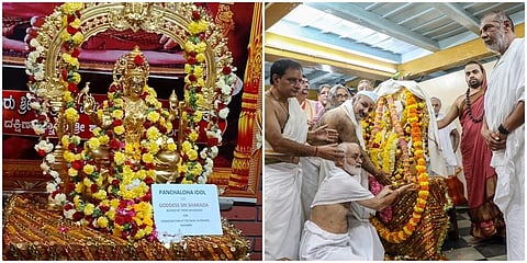 ಕಾಶ್ಮೀರಿ ಪಂಡಿತರ ತಂಡಕ್ಕೆ ವಿಗ್ರಹ ಹಸ್ತಾಂತರಿಸುತ್ತಿರುವ ಶೃಂಗೇರಿ ಶಾರದಾ ಪೀಠದ ವಿಧುಶೇಖರ ಭಾರತೀ ಶ್ರೀಗಳು