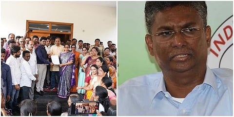 ನಿಪ್ಪಾಣಿಯಲ್ಲಿ ಪ್ರತಿಭಟನೆ ನಡೆಸಿ ಜಿಲ್ಲಾಧಿಕಾರಿಗಳಿಗೆ ಸತೀಶ್ ಜಾರಕಿಹೊಳಿ ವಿರುದ್ಧ ಕ್ರಮ ಕೈಗೊಳ್ಳುವಂತೆ ಮನವಿ ಸಲ್ಲಿಸಿರುವುದು