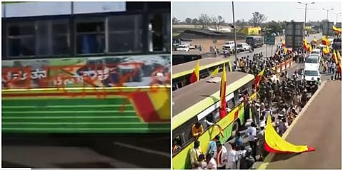 ಕರ್ನಾಟಕ ಸಾರಿಗೆ ಬಸ್ಸುಗಳಲ್ಲಿ ಕಪ್ಪು ಮಸಿಯಲ್ಲಿ ಮರಾಠಿಯಲ್ಲಿ ಬರೆದ ಮರಾಠ ಸಂಘಟನೆ ಸದಸ್ಯರು, ಬಲಚಿತ್ರದಲ್ಲಿ ಕರವೇ ಪ್ರತಿಭಟನೆ