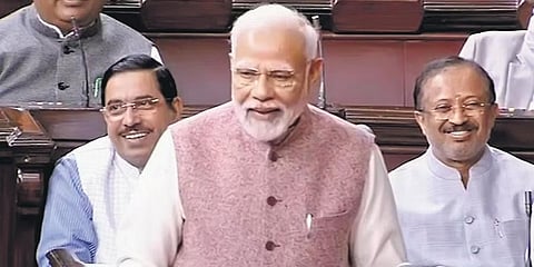 ರಾಜ್ಯಸಭೆಯಲ್ಲಿ ಭಾಷಣ ಮಾಡುತ್ತಿರುವ ಪ್ರಧಾನಿ ಮೋದಿ.