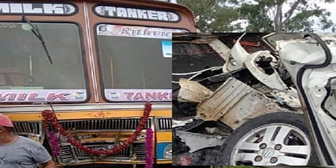 ಅಪಘಾತಕ್ಕೀಡಾದ ಲಾರಿ ಮತ್ತು ಕಾರಿನ ಚಿತ್ರ