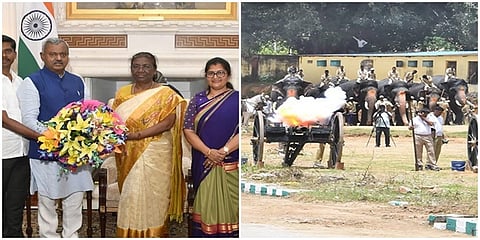 ರಾಷ್ಟ್ರಪತಿ ದ್ರೌಪದಿ ಮುರ್ಮು ಅವರಿಗೆ ಅಧಿಕೃತ ಆಹ್ವಾನ ನೀಡುತ್ತಿರುವುದು, ಬಲಚಿತ್ರದಲ್ಲಿ ಗಜಪಡೆಗಳಿಗೆ ಸಿಡಿಮದ್ದು ತಾಲೀಮು