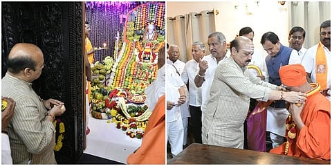 ಇಂದು ಬೆಳಗ್ಗೆ ತುಮಕೂರಿನ ಸಿದ್ದಗಂಗಾ ಮಠಕ್ಕೆ ಆಗಮಿಸಿ ಡಾ ಶಿವಕುಮಾರ ಸ್ವಾಮಿಗಳ ಗದ್ದುಗೆ ಮುಂದೆ ಪ್ರಾರ್ಥನೆ ಸಲ್ಲಿಸಿದ ಮುಖ್ಯಮಂತ್ರಿ ಬಸವರಾಜ ಬೊಮ್ಮಾಯಿ ಬಳಿಕ ಈಗಿನ ಶ್ರೀಗಳನ್ನು ಅಭಿನಂದಿಸಿದರು