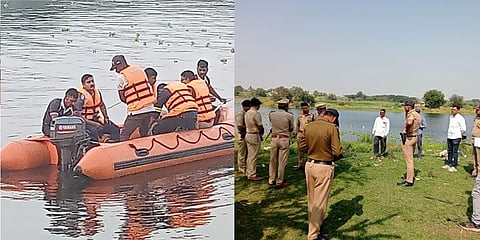 ಮೃತದೇಹ ಪತ್ತೆಯಾದ ನದಿಯಲ್ಲಿ ಪರಿಶೀಲನೆ ನಡೆಸುತ್ತಿರುವ ಪೊಲೀಸರ ಚಿತ್ರ