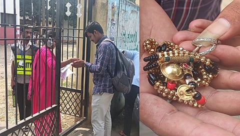 ಪರೀಕ್ಷೆಗೆ ಹಾಜರಾಗಲು ಮಂಗಳಸೂತ್ರ ತೆಗೆದು ಕೊಡುತ್ತಿರುವ ಅಭ್ಯರ್ಥಿ.