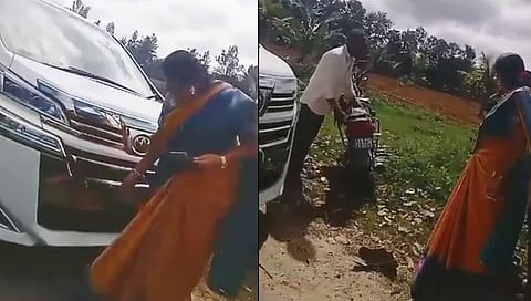 ಬೈಕ್ ಸವಾರನಿಗೆ ನಿಂದಿಸುತ್ತಿರುವ ಭವಾನಿ ರೇವಣ್ಣ.