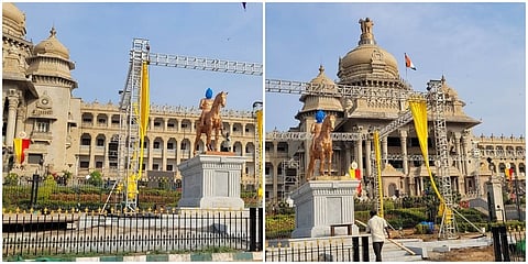 ವಿಧಾನಸೌಧ ಮುಂದೆ ಇಂದು ಅಮಿತ್ ಶಾ ಅವರಿಂದ ಉದ್ಘಾಟನೆಗೆ ಸಜ್ಜಾಗಿರುವ ಕೆಂಪೇಗೌಡ ಮತ್ತು ಬಸವಣ್ಣ ಪ್ರತಿಮೆ