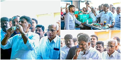 ಹಾಸನದ ನಂದಿನಿ ಮಳಿಗೆಯೊಂದಕ್ಕೆ ಭೇಟಿ ನೀಡಿ ಕೆಎಂಎಫ್ ಉತ್ಪನ್ನಗಳನ್ನು ಖರೀದಿಸಿ ಸೇವಿಸಿದ ಡಿ ಕೆ ಶಿವಕುಮಾರ್