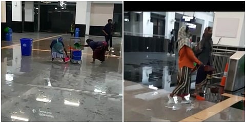 ನಿಲ್ದಾಣದೊಳಗೆ ತುಂಬಿಕೊಂಡ ನೀರನ್ನು ತೆಗೆಯುತ್ತಿರುವ ಸಿಬ್ಬಂದಿ