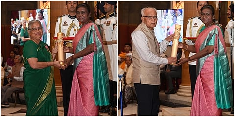 ರಾಷ್ಟ್ರಪತಿ ಭವನದಲ್ಲಿ ಬುಧವಾರ ನಡೆದ ಸಮಾರಂಭದಲ್ಲಿ ಸುಧಾ ಮೂರ್ತಿ, ಎಸ್.ಎಲ್ ಭೈರಪ್ಪ ಸೇರಿ ಹಲವು ಗಣ್ಯರಿಗೆ ಪದ್ಮ ಪ್ರಶಸ್ತಿ ಪ್ರದಾನ