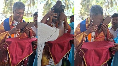 ಅಭಿಮಾನಿ ನೀಡಿದ ಪಾದರಕ್ಷೆಯನ್ನು ತಲೆ ಮೇಲಿಟ್ಟುಕೊಂಡ ಬೆಲ್ಲದ್