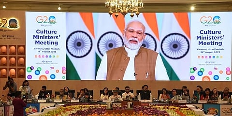 ವಾರಣಾಸಿಯಲ್ಲಿ ನಡೆದ G20 ಸಂಸ್ಕೃತಿ ಸಚಿವರ ಸಭೆಯಲ್ಲಿ ಪ್ರಧಾನಿ ಮೋದಿ ವರ್ಚುವಲ್ ಮೂಲಕ ಭಾಷಣ ಮಾಡಿರುವುದು
