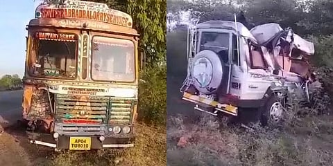ಅಪಘಾತಕ್ಕೀಡಾದ ಲಾರಿ ಮತ್ತು ಕ್ರೂಸರ್