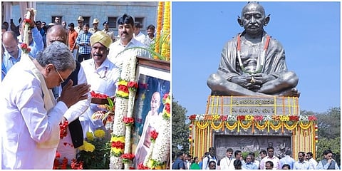 ವಿಧಾನಸೌಧ ಆವರಣದಲ್ಲಿ ನಡೆದ ಕಾರ್ಯಕ್ರಮದಲ್ಲಿ ಗಾಂಧಿ ಭಾವಚಿತ್ರಕ್ಕೆ ನಮನ