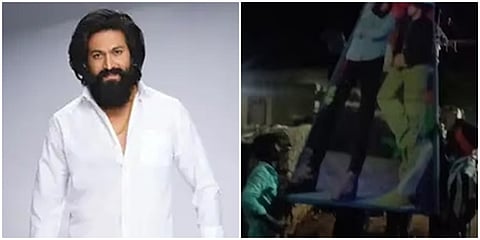 ಯಶ್  ಬ್ಯಾನರ್ ಕಟ್ಟುತ್ತಿರುವ ಚಿತ್ರ