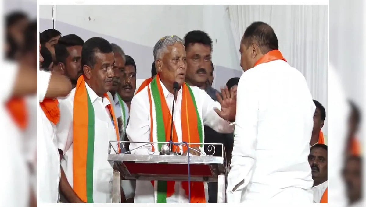 ತುರುವೇಕೆರೆ: ಸೋಮಣ್ಣ ಎದುರೇ ವೇದಿಕೆಯಲ್ಲಿ ಜೆಡಿಎಸ್-ಬಿಜೆಪಿ ಕಾರ್ಯಕರ್ತರ ವಾಗ್ವಾದ, ಮಾತಿನ ಚಕಮಕಿ!