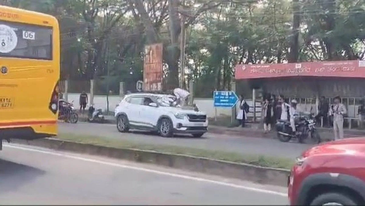 ಶಿವಮೊಗ್ಗ: ತಪಾಸಣೆಗೆ ತಡೆದ ಸಂಚಾರಿ ಪೊಲೀಸ್ ಅಧಿಕಾರಿಯನ್ನು ಬಾನೆಟ್ ಮೇಲೆ ಹೊತ್ತೊಯ್ದ ಕಾರು!