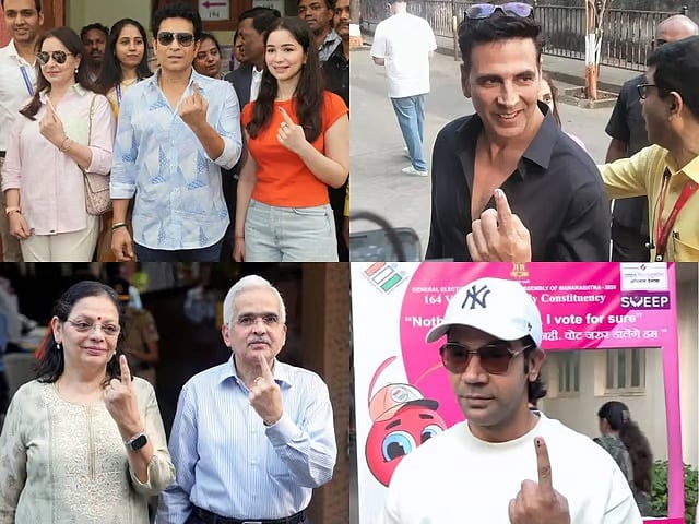 (ಮೇಲಿನಿಂದ) ಮಾಜಿ ಕ್ರಿಕೆಟಿಗ ಸಚಿನ್ ತೆಂಡೂಲ್ಕರ್ ಅವರ ಕುಟುಂಬ (ಎಲ್) ಮತ್ತು ನಟ ಅಕ್ಷಯ್ ಕುಮಾರ್ (ಆರ್) ತಮ್ಮ ಮತ ಚಲಾಯಿಸಿದರು. (ಕೆಳಭಾಗ) ಆರ್‌ಬಿಐ ಗವರ್ನರ್ ಶಕ್ತಿಕಾಂತ ದಾಸ್ ಅವರ ಪತ್ನಿ (ಎಡದಲ್ಲಿ) ಮತ್ತು ನಟ ರಾಜ್‌ಕುಮಾರ್ ರಾವ್ (ಬಲ)  ಮತ ಚಲಾಯಿಸಿದರು.