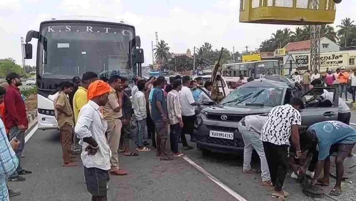 ಬೆಂಗಳೂರು-ಮೈಸೂರು ಎಕ್ಸ್ಪ್ರೆಸ್ವೇ: ಭೀಕರ ಅಪಘಾತ; ಕಾರಿಗೆ ಐರಾವತ ಬಸ್ ಡಿಕ್ಕಿ; ಒಂದೇ ಕುಟುಂಬದ ನಾಲ್ವರ ಸಾವು