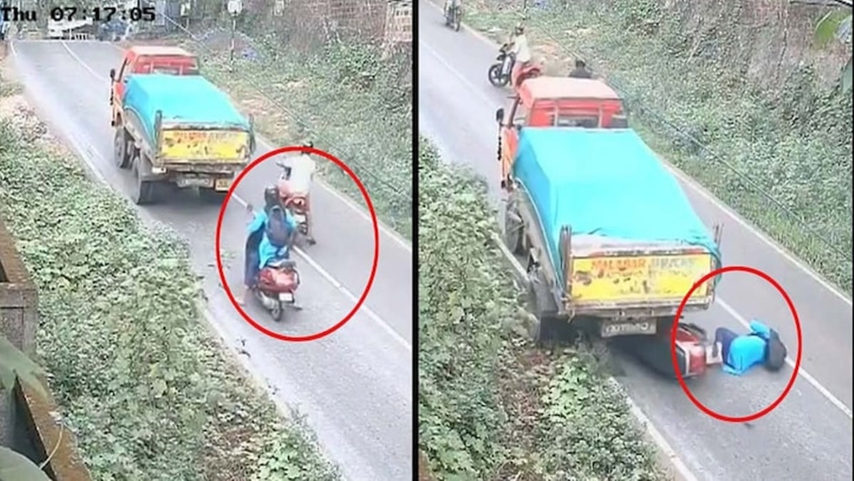 ಭೀಕರ ಅಪಘಾತ: ಅಚಾನಕ್ ಹಿಮ್ಮುಖವಾಗಿ ಚಲಿಸಿದ ಟ್ರಕ್; ಹಿಂದೆ ಸ್ಕೂಟರ್ ನಲ್ಲಿದ್ದ ಮಹಿಳೆ ಸ್ವಲ್ಪದರಲ್ಲಿ ಬಚಾವ್! Video