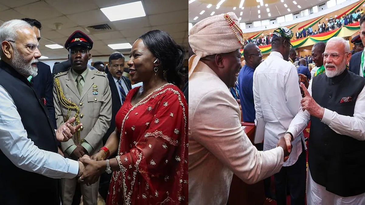 Ghana Visit: ಭಾರತದ ಸಾಂಪ್ರದಾಯಿಕ ಉಡುಪು ಧರಿಸಿ Narendra Modi ಸ್ವಾಗತಿಸಿದ ಘಾನ ಜನಪ್ರತಿನಿಧಿಗಳು!
