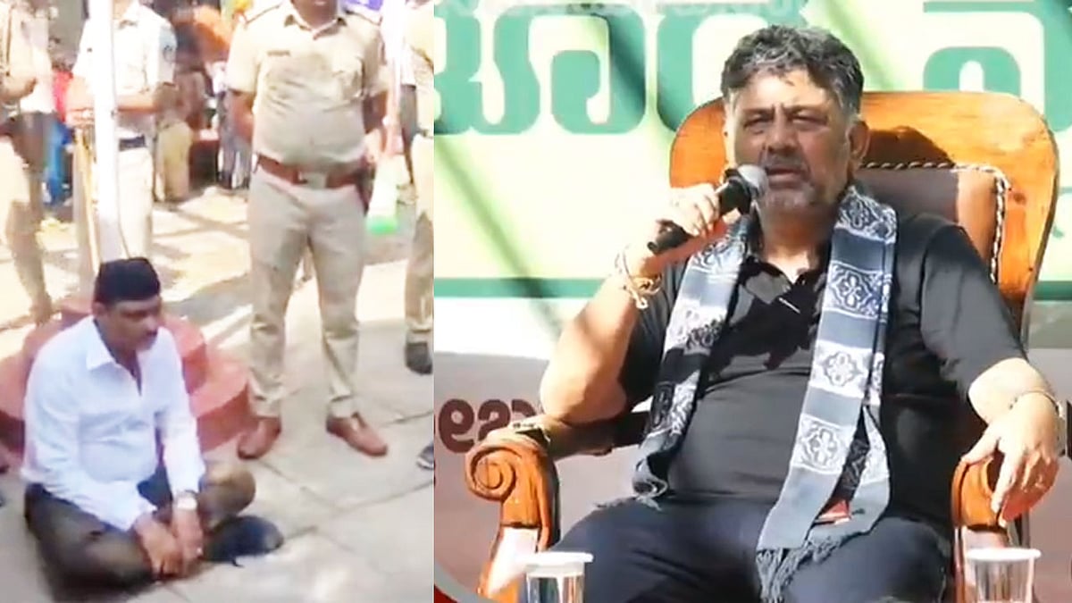 ಡಿ.ಕೆ ಶಿವಕುಮಾರ್ ಇದ್ದ ವೇದಿಕೆಯಲ್ಲಿ ಹೈಡ್ರಾಮಾ: RSS ಸಮವಸ್ತ್ರದಲ್ಲಿ ಬಿಜೆಪಿ ಶಾಸಕ ಮುನಿರತ್ನ ಧರಣಿ! Video