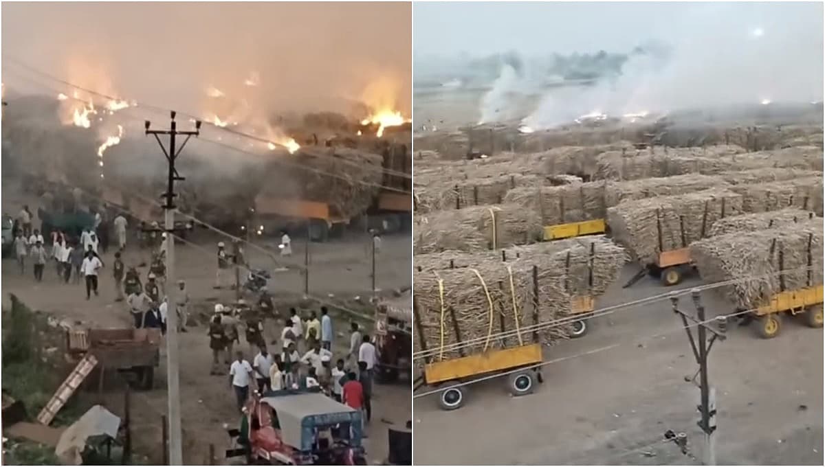 ಬಾಗಲಕೋಟೆ ಜಿಲ್ಲೆಯ ಮುಧೋಳ ತಾಲ್ಲೂಕಿನ ಗೋದಾವರಿ ಕಬ್ಬಿನ ಕಾರ್ಖಾನೆಯ ಹೊರಗೆ ಗುರುವಾರ ಕಬ್ಬು ತುಂಬಿದ ಟ್ರ್ಯಾಕ್ಟರ್‌ಗಳಿಗೆ ಬೆಂಕಿ ಹಚ್ಚಲಾಗಿದೆ.
