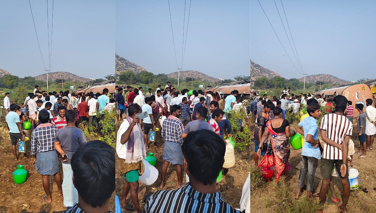 ಬಳ್ಳಾರಿಯ ಕಂಪ್ಲಿ ಬಳಿ ಪಾಮ್ ಆಯಿಲ್ ಟ್ಯಾಂಕರ್ ಪಲ್ಟಿ: ಎಣ್ಣೆ ಸಂಗ್ರಹಿಸಲು ಮುಗಿಬಿದ್ದ ಜನರು