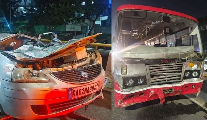 ಬೆಂಗಳೂರು-ನೆಲಮಂಗಲ ಜಿಂದಾಲ್ ಫ್ಲೈ ಓವರ್ ಬಳಿ ಭೀಕರ ಅಪಘಾತ: KSRTC ಬಸ್​​ಗೆ ಕಾರು ಡಿಕ್ಕಿ; ಐವರು ಯುವಕರು ಸಾವು