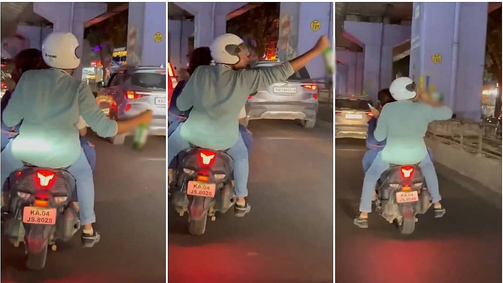 ಕೈಯಲ್ಲಿ ಬಿಯರ್ ಬಾಟಲ್, ತ್ರಿಬಲ್ ರೈಡಿಂಗ್: ಕಾನೂನು ಭಯವಿಲ್ಲದೆ ನಗರದಲ್ಲಿ ಬೈಕ್ ಸವಾರಿ; Video ವೈರಲ್