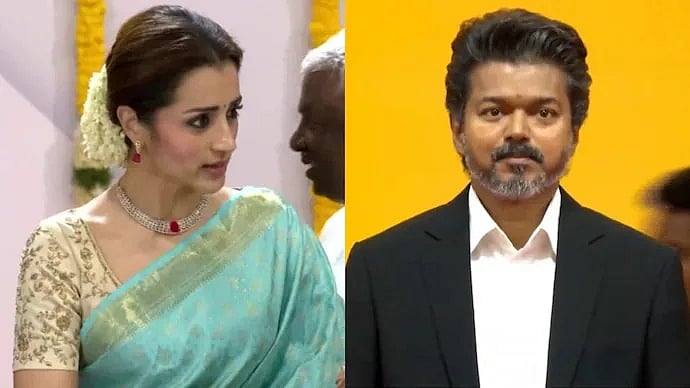 ಐಸ್-ಬ್ಲೂ ಕಾಂಜೀವರಂ ಸೀರೆ, ಮುಡಿಗೆ ಮಲ್ಲಿಗೆ ಹೂ: ಗೆಳೆಯ ವಿಜಯ್ ಪ್ರಮಾಣ ವಚನಕ್ಕೆ ಬಂದ ತ್ರಿಶಾ ಕೃಷ್ಣನ್; Viral Video