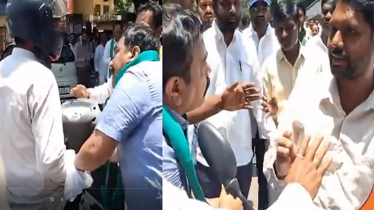 'ನಿಂಗೇನ್ ಅರ್ಜೆಂಟ್', BJP ಪ್ರತಿಭಟನೆ ವೇಳೆ ಹೈಡ್ರಾಮಾ; ದ್ವಿಚಕ್ರ ವಾಹನ ಸವಾರನ ಹೆಲ್ಮೆಟ್ ಬಡಿದು, ಟೈರ್ ಗಾಳಿ ತೆಗೆದ ಮಾಜಿ ಶಾಸಕ! Video