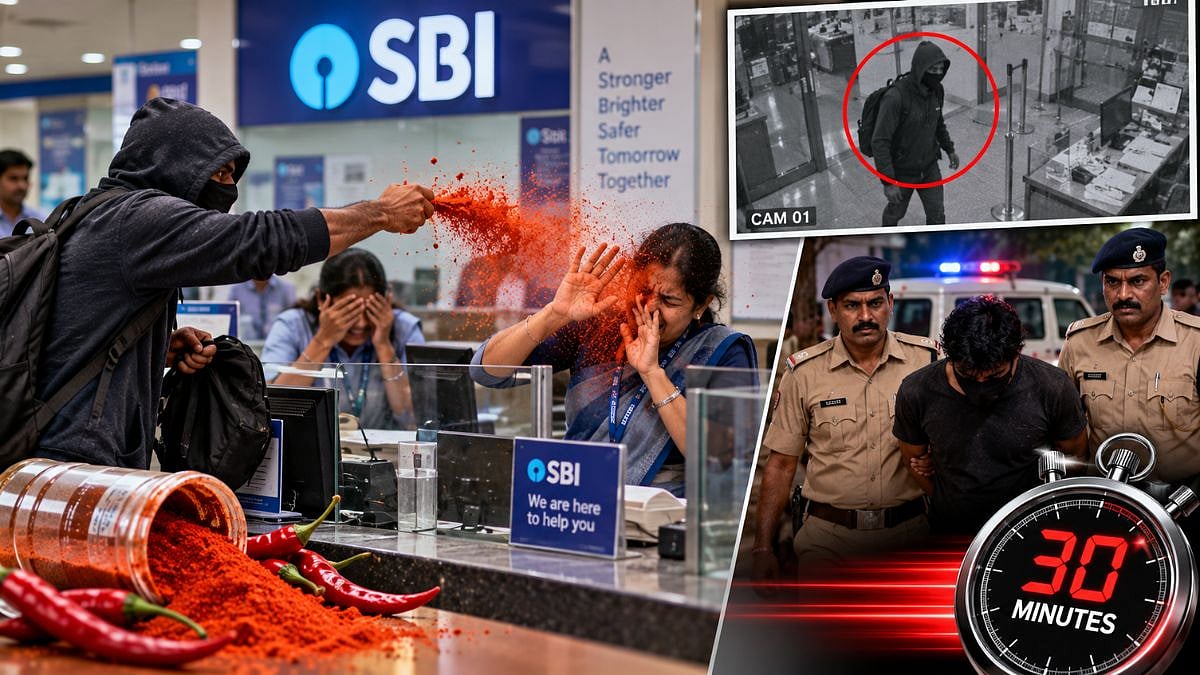 ಬ್ಯಾಂಕ್ ಸಿಬ್ಬಂದಿ ಕಣ್ಣಿಗೆ ಖಾರದ ಪುಡಿ ಎರಚಿ 4.53 ಲಕ್ಷ ರೂ ದರೋಡೆ: ಕೇವಲ ಅರ್ಧ ಗಂಟೆಯಲ್ಲಿ ಕಳ್ಳನ ಹೆಡೆಮುರಿ ಕಟ್ಟಿದ ಪೊಲೀಸರು; Video