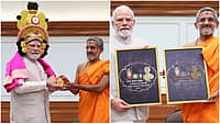 ಪ್ರಧಾನಿ ಮೋದಿ ಭೇಟಿ ಮಾಡಿದ ಪೇಜಾವರ ಶ್ರೀ: ಯಕ್ಷಗಾನ ಕಿರೀಟ ತೊಡಿಸಿ ಗೌರವ, ಲಾಂಛನ ಬಿಡುಗಡೆ