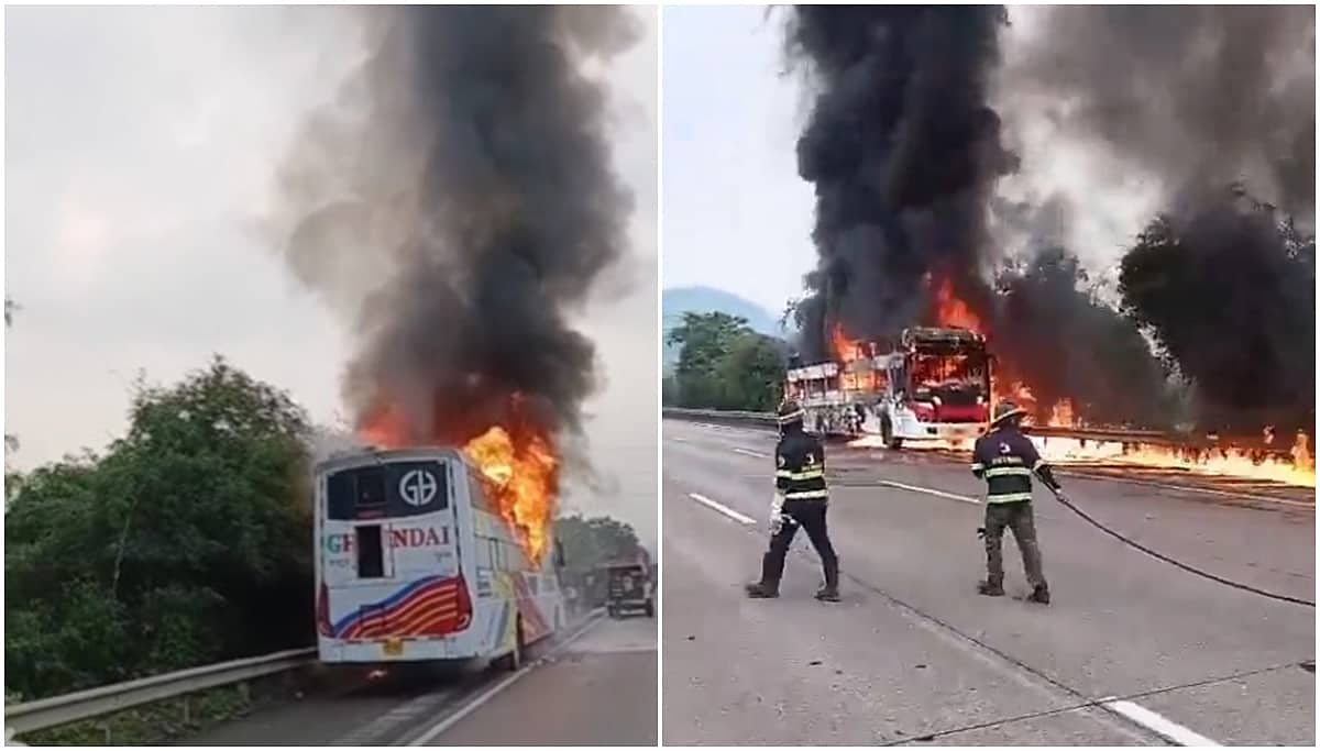 ಮುಂಬೈ-ಪುಣೆ ಎಕ್ಸ್ಪ್ರೆಸ್ವೇನಲ್ಲಿ ಬಸ್ಗೆ ಬೆಂಕಿ: ಪ್ರಯಾಣಿಕರು ಪಾರು; Video