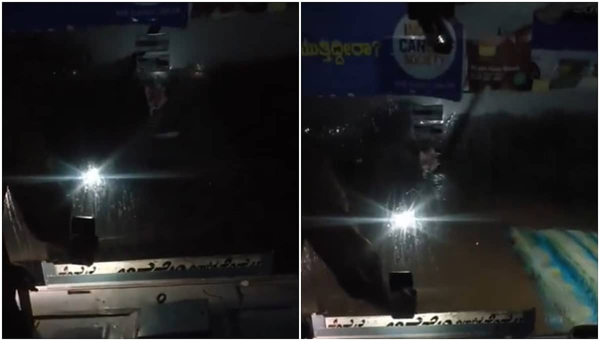 ಜೋರು ಮಳೆ, ಕೈಕೊಟ್ಟ ಹೆಡ್ ಲೈಟ್: ಮೊಬೈಲ್ ಟಾರ್ಚ್ ಬಳಸಿ ಕತ್ತಲು ರಸ್ತೆಯಲ್ಲಿ ಬಸ್ ಚಲಾಯಿಸಿದ KKRTC ಚಾಲಕ: Video Viral