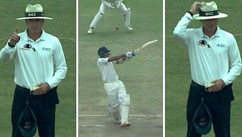ಪೂಜಾರ ಬ್ಯಾಟಿಂಗ್ಗೆ ಸುಸ್ತಾಗಿ ಔಟ್ ತೀರ್ಪು ನೀಡಲು ಹೋಗಿ ತಲೆ ಮುಟ್ಟಿಕೊಂಡ ಅಂಪೈರ್