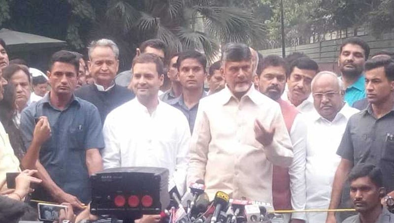 ರಾಹುಲ್ ಜತೆ 'ಕೈ'ಜೋಡಿಸಿದ ಚಂದ್ರಬಾಬು ನಾಯ್ಡು: ದೇಶ ಉಳಿಸಲು ಒಂದಾಗಿದ್ದೇವೆ - ಆಂಧ್ರ ಸಿಎಂ