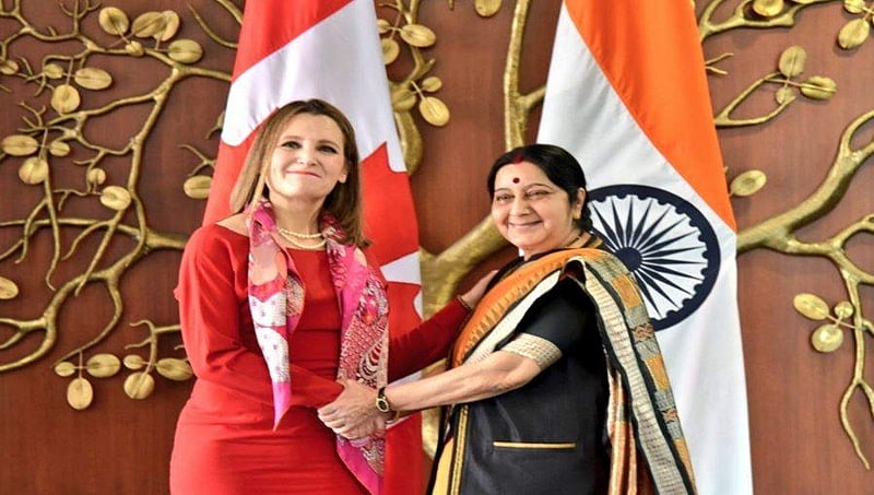 ನವದೆಹಲಿ: ಕೆನಡಿಯನ್ ವಿದೇಶಾಂಗ ಸಚಿವೆ  ಕ್ರಿಸ್ಟಿಯಾ ಫ್ರೀಲ್ಯಾಂಡ್  ಸುಷ್ಮಾ ಸ್ವರಾಜ್ ಭೇಟಿ