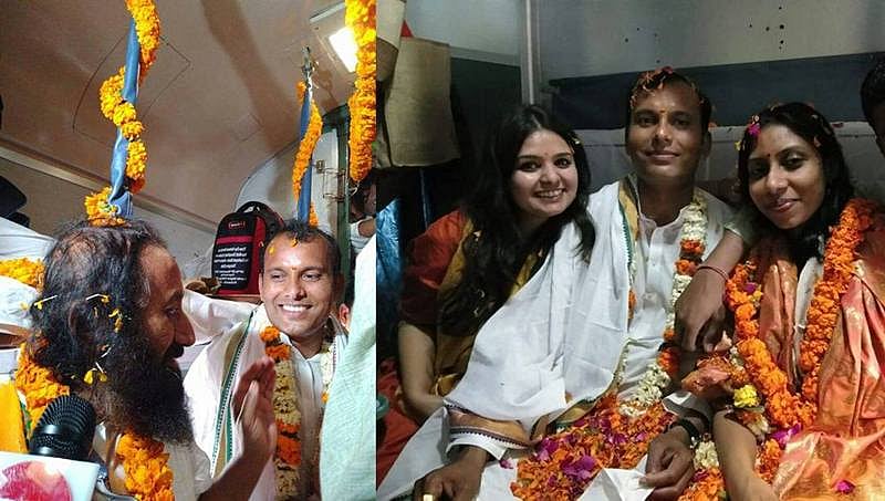 ರೈಲಿನಲ್ಲೇ ವಿವಾಹವಾದ ಜೋಡಿ: ರವಿಶಂಕರ್ ಗುರೂಜಿ ಸಾಕ್ಷಿ