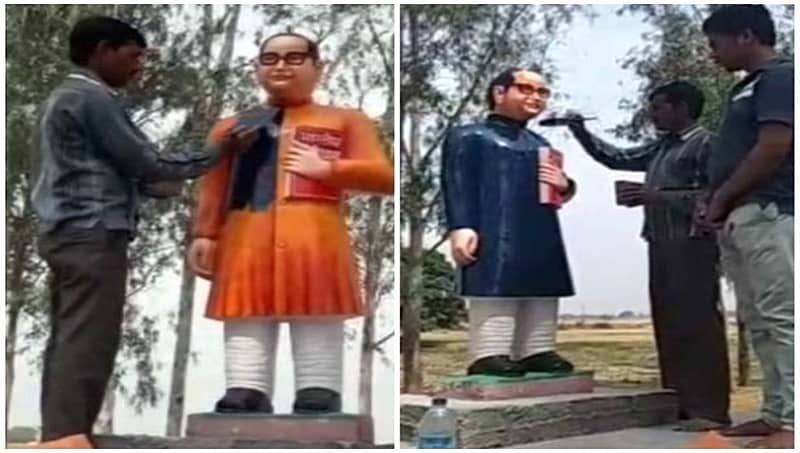 ಉತ್ತರಪ್ರದೇಶ: ಕೇಸರಿಮಯವಾಗಿದ್ದ ಅಂಬೇಡ್ಕರ್ ಪ್ರತಿಮೆಗೆ ಇದೀಗ ನೀಲಿ ಬಣ್ಣ!