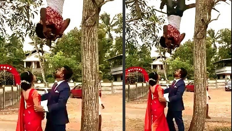 ವಿಚಿತ್ರ ಮಂದಿ: ಬಾವಲಿಯಂತೆ ಮರದ ಕೊಂಬೆಗೆ ನೇತಾಡಿಕೊಂಡು ಮದುವೆ ಫೋಟೋ ತೆಗೆದ ಫೋಟೋಗ್ರಾಫರ್!