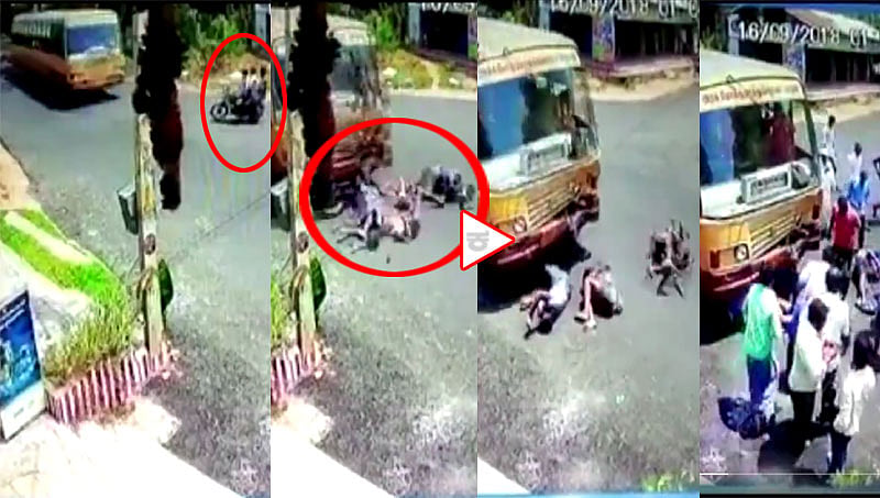 ಭೀಕರ ಅಪಘಾತ: ಬಸ್ ಗೆ ಬೈಕ್ ಢಿಕ್ಕಿ, ಕೂದಲೆಳೆ ಅಂತರದಲ್ಲಿ ಪಾರಾದ ಬೈಕ್ ಸವಾರರು