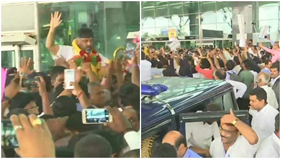 ಡಿ.ಕೆ.ಶಿವಕುಮಾರ್ ಬೆಂಗಳೂರಿಗೆ ಆಗಮನ: ವಿಮಾನ ನಿಲ್ದಾಣದಲ್ಲಿ ಅದ್ದೂರಿ ಸ್ವಾಗತ