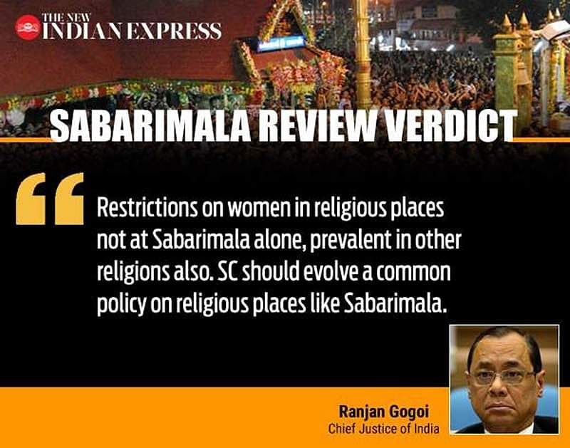 ಧಾರ್ಮಿಕ ಸ್ಥಳಗಳಲ್ಲಿ ಮಹಿಳೆಯರ ಪ್ರವೇಶ ಕೇವಲ ಶಬರಿಮಲೆಗೆ ಮಾತ್ರ ಸೀಮಿತವಾಗಿಲ್ಲ. ಬೇರೆ ಧರ್ಮಗಳಲ್ಲಿ ಕೂಡ ಈ ಕಟ್ಟುಪಾಡು ಇದೆ. ಧಾರ್ಮಿಕ ಸ್ಥಳಗಳ ಬಗ್ಗೆ ಸುಪ್ರೀಂ ಕೋರ್ಟ್ ಸಾಮಾನ್ಯ ನೀತಿ ಜಾರಿಗೆ ತರಬೇಕು-ಮುಖ್ಯ ನ್ಯಾಯಮೂರ್ತಿ ರಂಜನ್ ಗೊಗೊಯ್