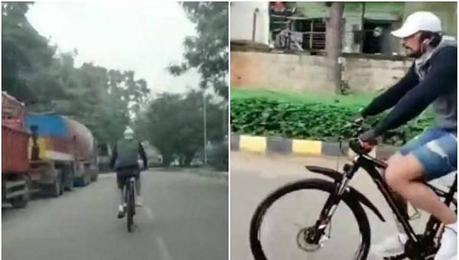 ಸೈಕಲ್ ನಲ್ಲಿ ಶೂಟಿಂಗ್ ಸೆಟ್ ಗೆ ತೆರಳಿದ ಕಿಚ್ಚ ಸುದೀಪ್ - ವಿಡಿಯೋ ವೈರಲ್ 