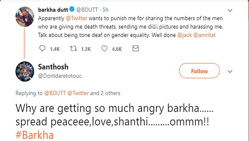 ಬರ್ಖಾ ದತ್ ಗೆ ಅಶ್ಲೀಲ ಸಂದೇಶ, ಬೆದರಿಕೆ: ದ್ವೇಶಿಸಬೇಡಿ, ಪ್ರೀತಿ, ಶಾಂತಿಯಿಂದ ಬಗೆಹರಿಸಿಕೊಳ್ಳಿ-ಟ್ವೀಟಿಗರ ಸಲಹೆ